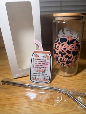 “YEE HAW & COW GIRL” 16 oz custom glass tumbler with bamboo lid & straw